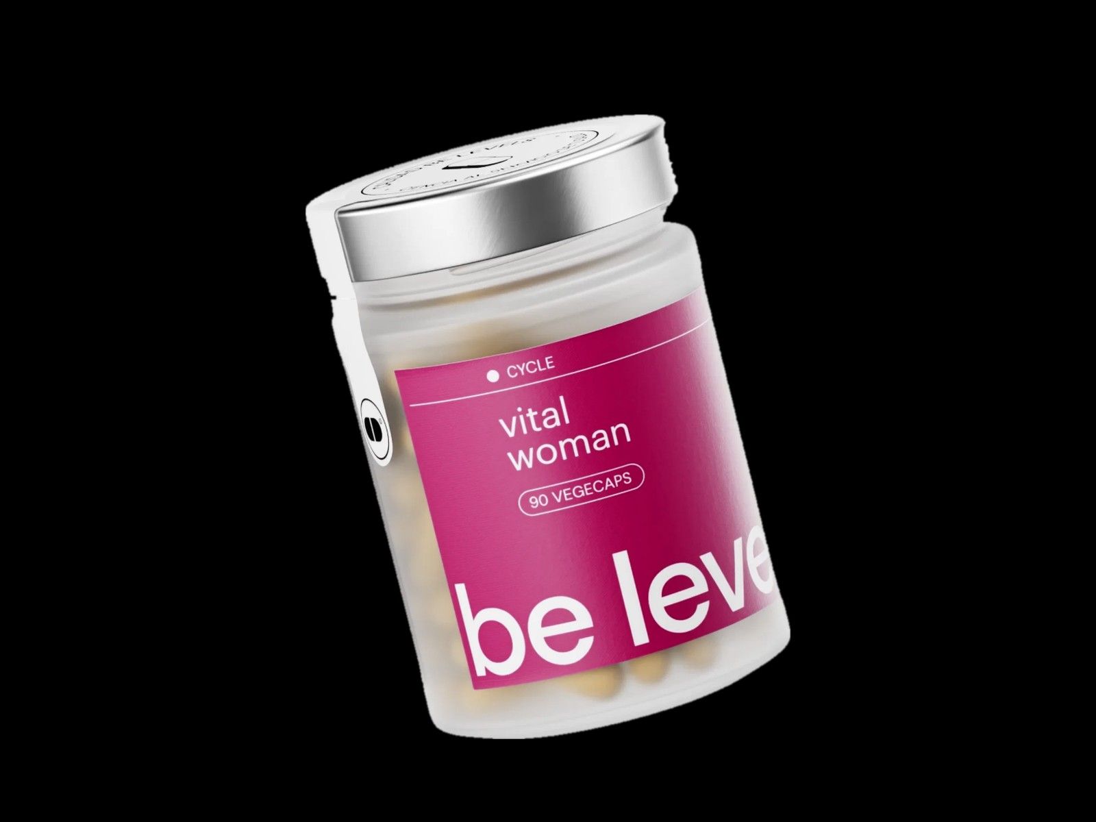 Bote de Vital Woman, 90 cápsulas vegetales, sobre fondo negro.